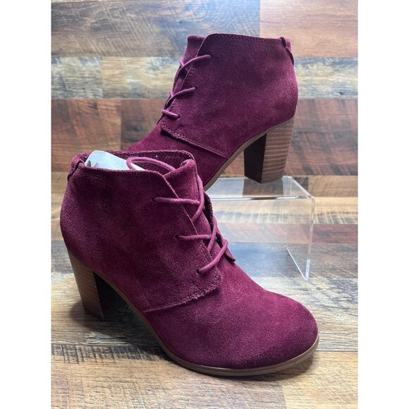 Toms Women's Lunata Lace Up Heeled Ankle Bootie Maroon Suede Size 6.5 - Picture 1 of 8